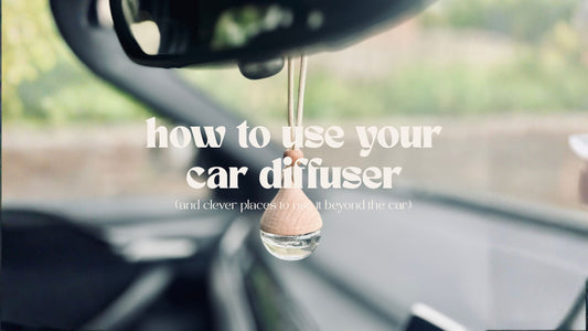 a luxury car diffuser hanging from a rear view mirror with text saying 'how to use your car diffuser (and clever ways to use one in the home'