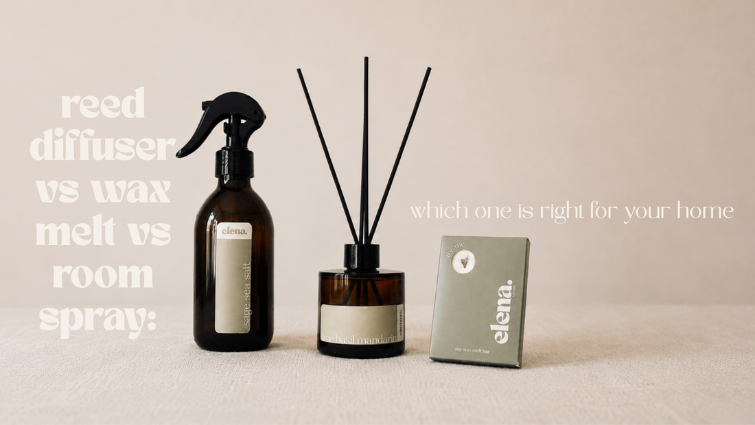 a reed diffuser, room spray and wax melt bar sitting on a plain table and background with text saying reed diffuser vs room spray vs wax melt: which one is right for you?