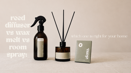 a reed diffuser, room spray and wax melt bar sitting on a plain table and background with text saying reed diffuser vs room spray vs wax melt: which one is right for you?