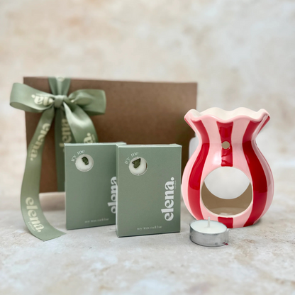 blush pink & red stripe ceramic wax melt burner & 2 soy wax melts gift set