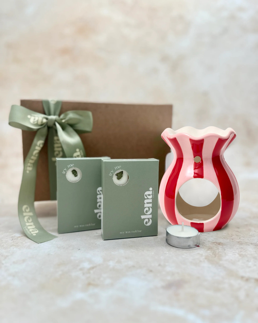 blush pink & red stripe ceramic wax melt burner & 2 soy wax melts gift set