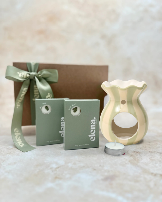 sage green & cream stripe ceramic wax melt burner & 2 soy wax melts gift set