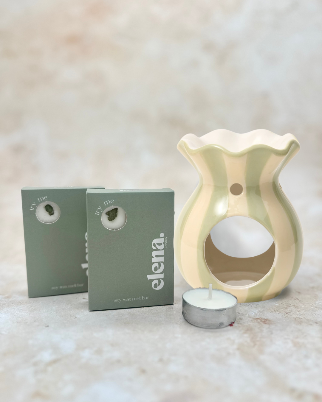 sage green & cream stripe ceramic wax melt burner & 2 soy wax melts gift set