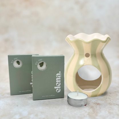 sage green & cream stripe ceramic wax melt burner & 2 soy wax melts gift set