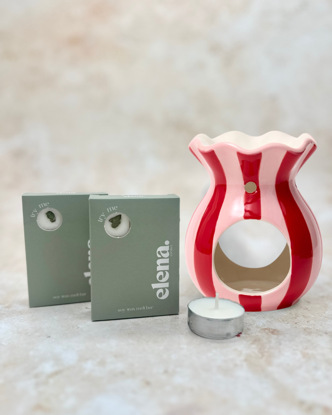 blush pink & red stripe ceramic wax melt burner & 2 soy wax melts gift set