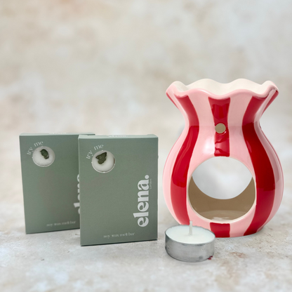 blush pink & red stripe ceramic wax melt burner & 2 soy wax melts gift set