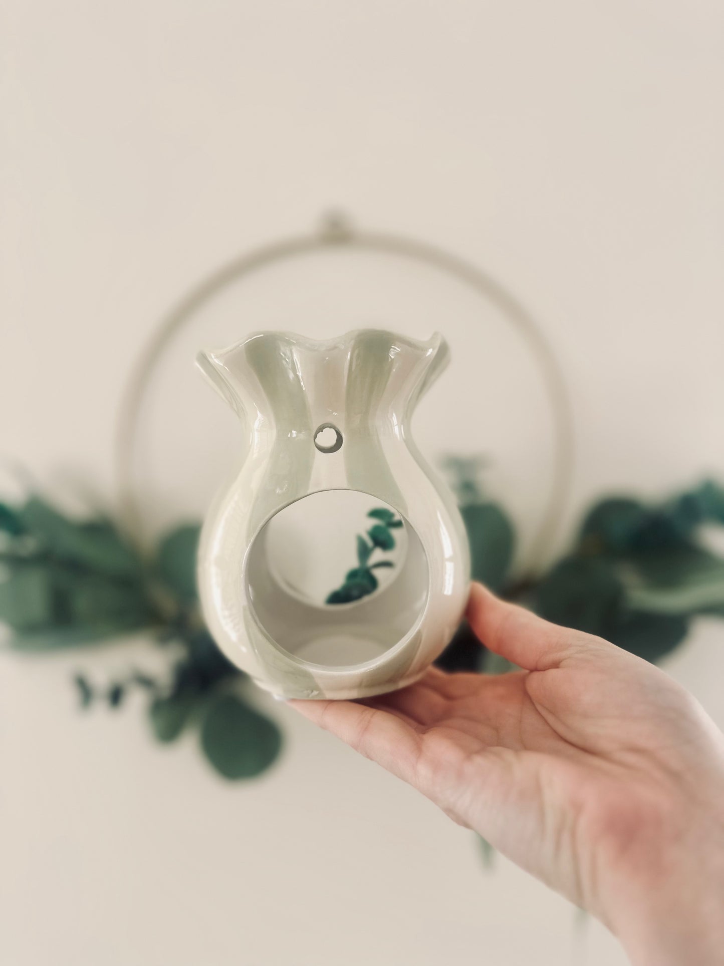 sage green & cream stripe ceramic wax melt burner