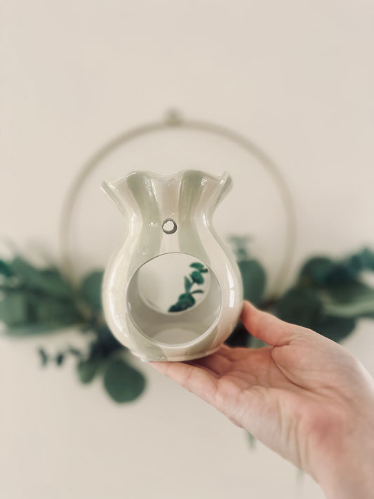 sage green & cream stripe ceramic wax melt burner