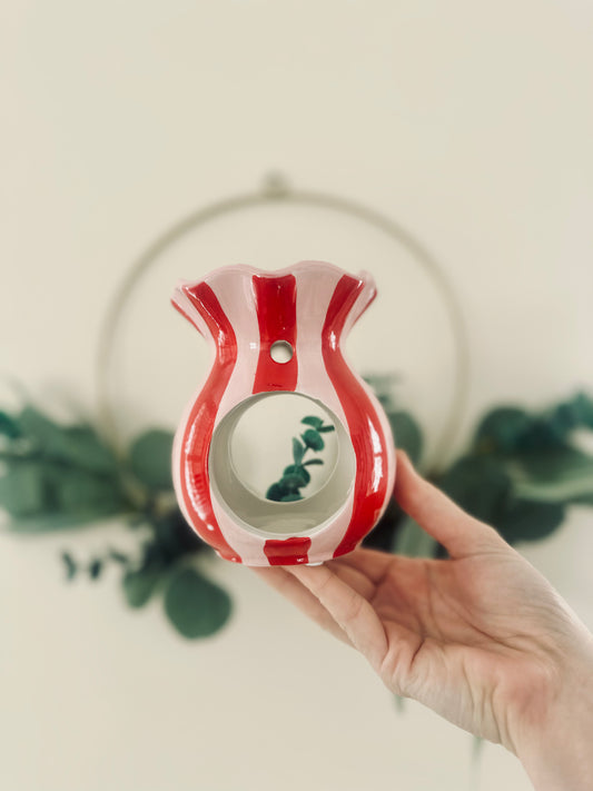 blush pink & red stripe ceramic wax melt burner