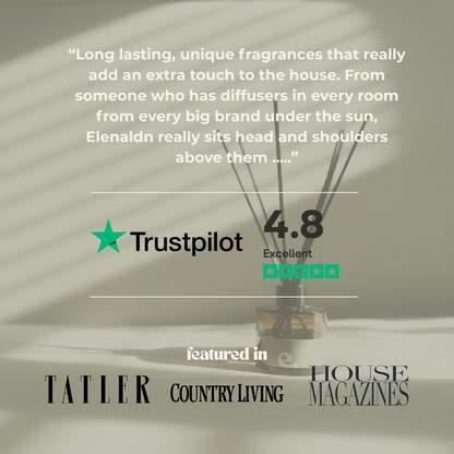A promotional graphic for elena London reed diffuser, featuring a diffuser with reeds in a glass bottle on a light surface. White text displays a customer quote, a Trustpilot rating of 4.8. featured in Tatler magazine, Country Living magazine and House Magazines