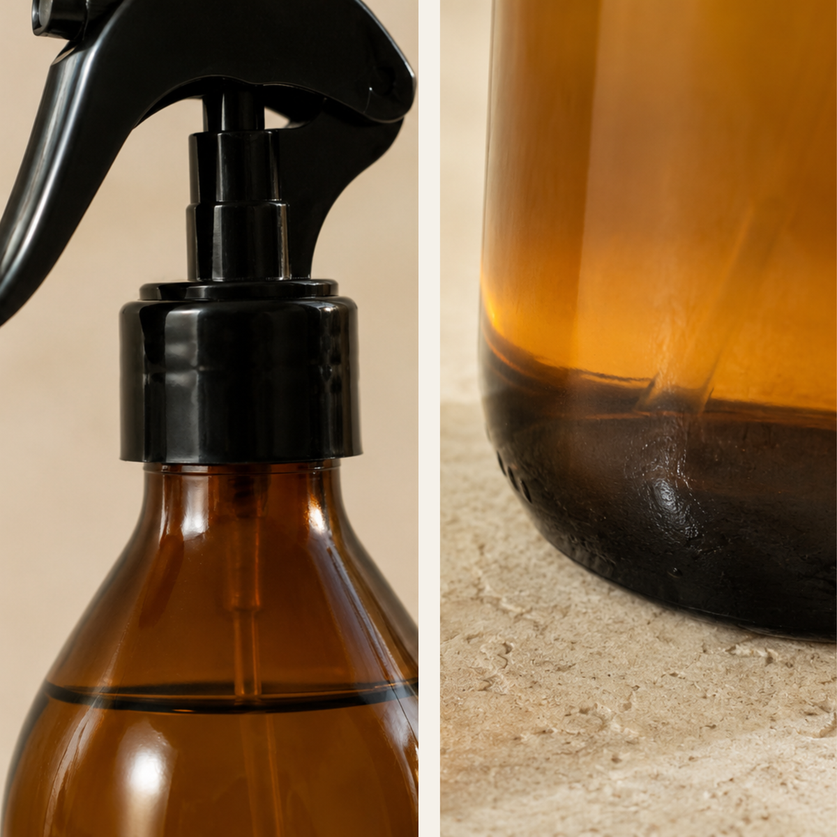 Amber glass room spray bottle with a black trigger sprayer, shown in a close-up split view against a neutral beige background.