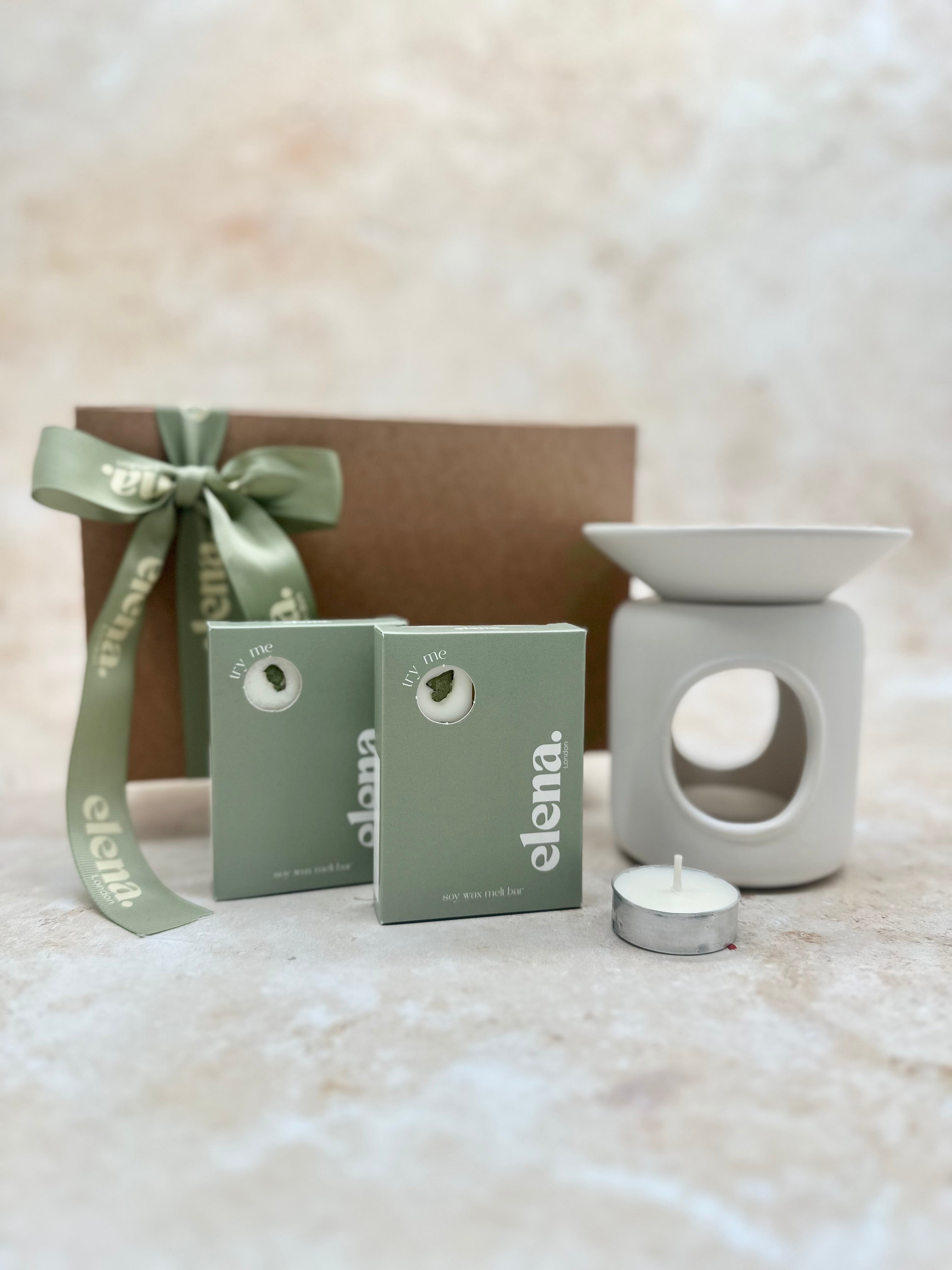 elena london sleek white ceramic wax burner and two soy wax melt bars gift set