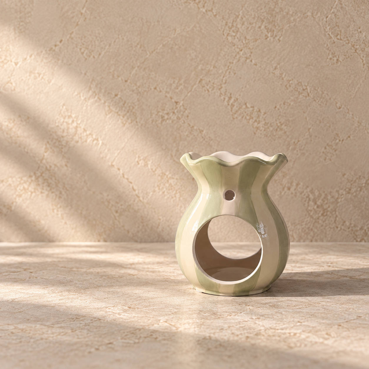 sage green & cream stripe ceramic wax melt burner